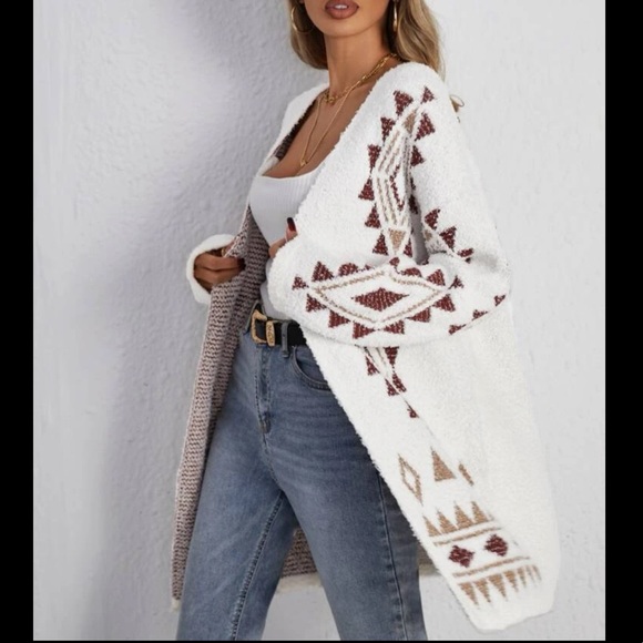 Boho Aztec Geo Knit Open Front Cardigan Sweater - Picture 4 of 5